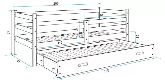 Dětská postel Eryk - 2 osoby, 90x200 s výsuvnou přistýlkou bez matrace– Grafit, Růžová