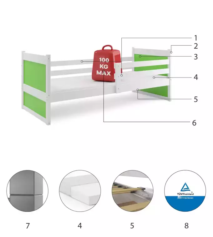 Dětská postel Rico 1 80x190, bez úložného prostoru bez matrace - 1 osoba - Bílá, Zelená