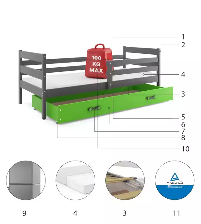 Dětská postel Eryk - 1 osoba, 90x200 s úložným prostorem bez matrace – Grafit, Zelená