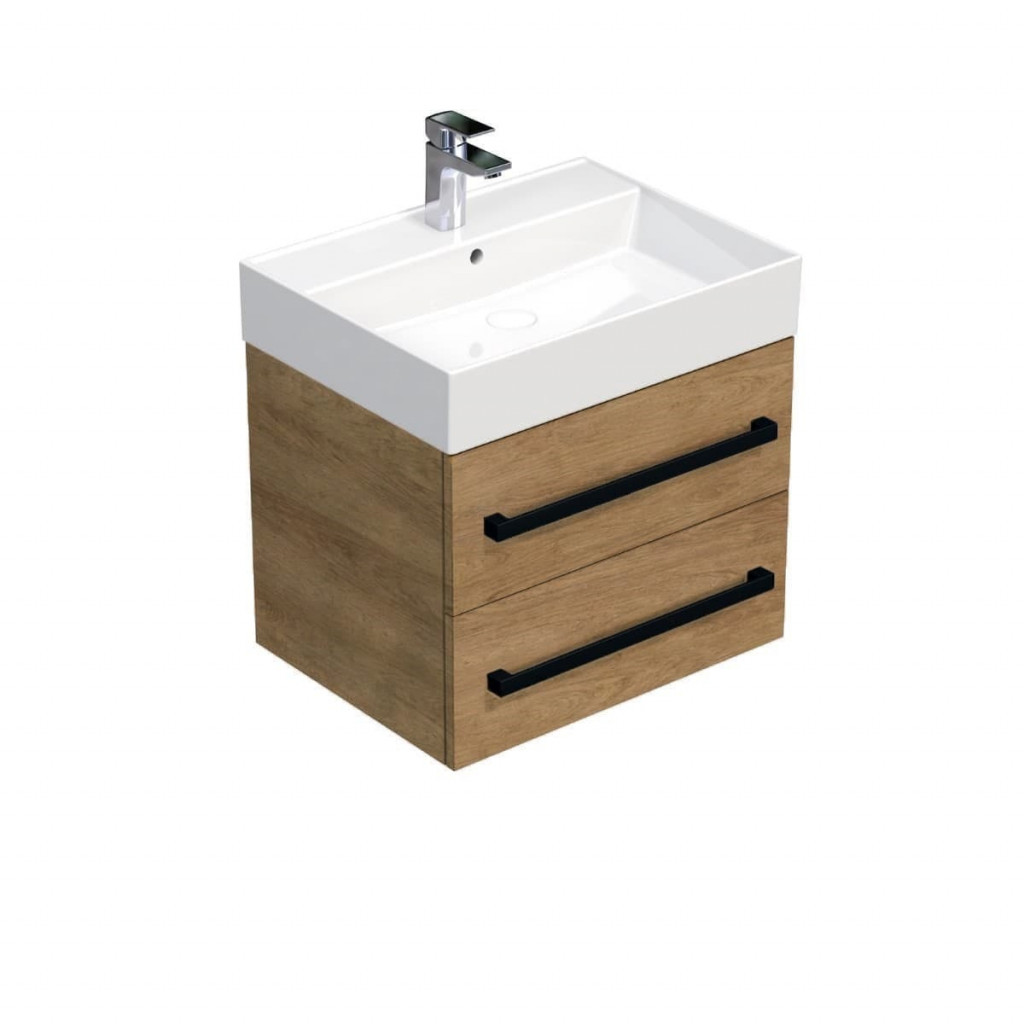 Koupelnová skříňka s černou úchytkou a umyvadlem SAT Cube Way 60x47,5x46 cm dub Hickory mat CUBE46C602DHSAT